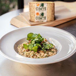 Caccio y Pepe Risotto met Comté en cantharelzwammen
