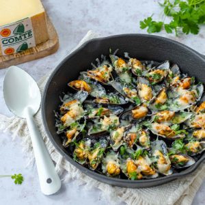 Gegratineerde mosselen met Comté