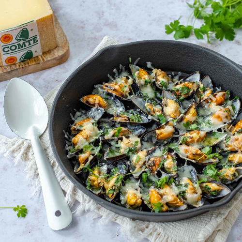 Gegratineerde mosselen met Comté
